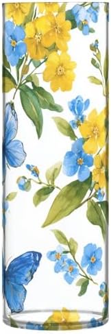 Yellow Blue Flower Pattern Clear Cylinder Vase 118 Inch Tall