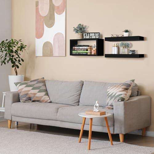 Sorbus Floating Wall Shelf Set - 2 Shelves with Invisible Brackets and 1 Rectangular Box Black