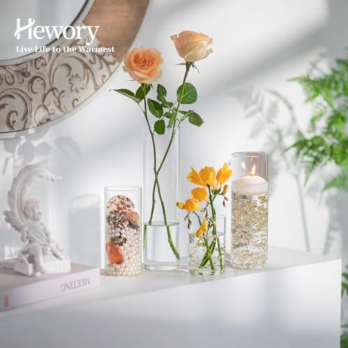 Hewory Clear Glass Cylinder Vases Set of 12 with Pearl String for Centerpieces