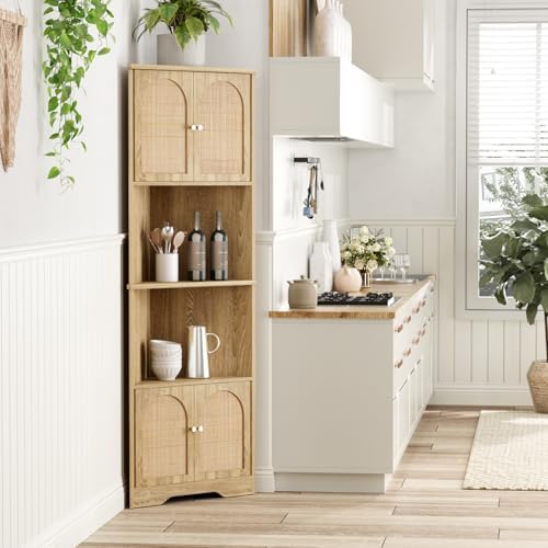 67 Inch Tall Corner Cabinet with Handmade Rattan Door