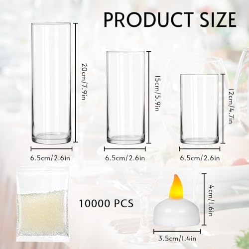 6 Set Glass Cylinder Vases with Floating Candles and Water Filler Beads