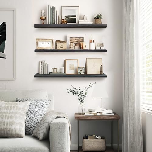 Floating Wall Shelves 3-Pack - 24 Inch Rustic Black Wooden Shelves for Space Saving Storage and Dcor