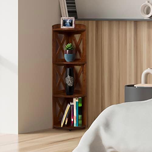 NHZ Corner Shelf Stand 4 Tier Natural Wood Bookshelf and Plant Stand Brown