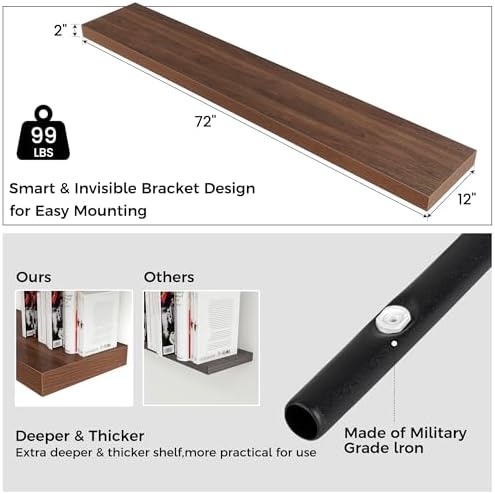 Venusmiles Floating Shelf 72x12 Inch Walnut Wall Mount