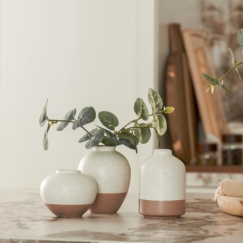 Ceramic Vase Set of 3 Rustic Farmhouse Decor Beige Brown