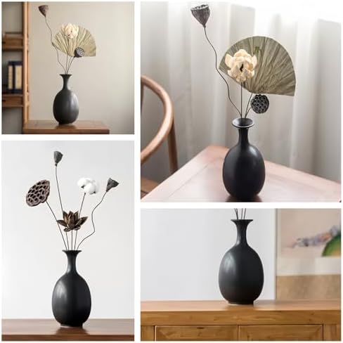 Black Ceramic Vase with Dried Flowers for Home Decor
