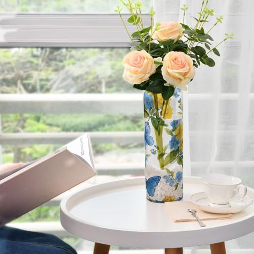 Yellow Blue Flower Pattern Clear Cylinder Vase 118 Inch Tall