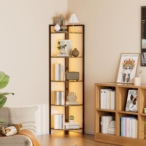Rustic Brown Corner Shelf with LED Lighting