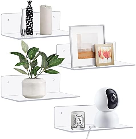 Clear Acrylic Floating Shelves 9 Inch Set of 4 No Drill Wall Mount