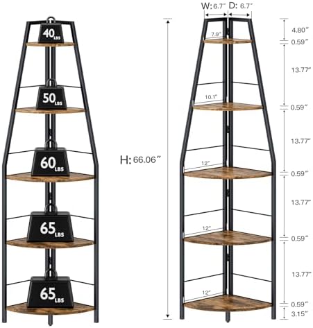 Rustic Tall Corner Ladder Shelf 5 Tier Industrial Bookshelf