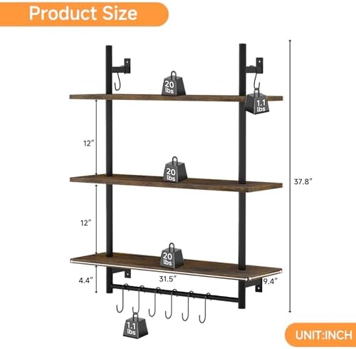 3 Tier Floating Wall Shelves with Towel Bar for Kitchen and Bathroom