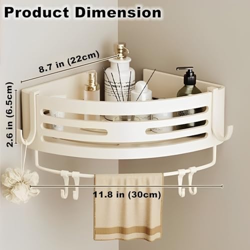Corner Triangle Shower Shelves with Hooks Rust Resistant Storage Shelf for Bathroom and Kitchen Creamy White
