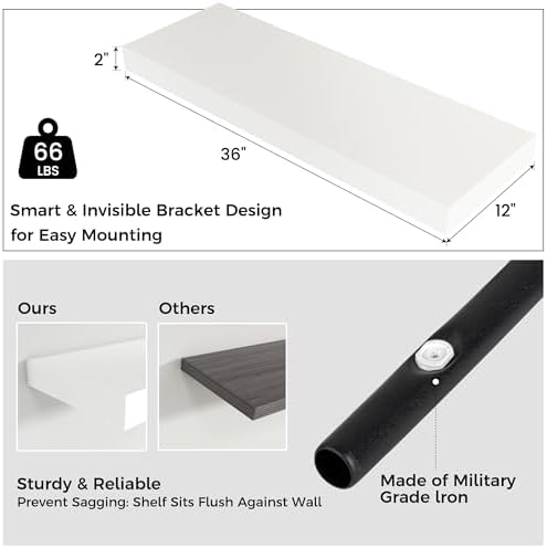 Venusmiles 36 Inch White Floating Wall Shelf