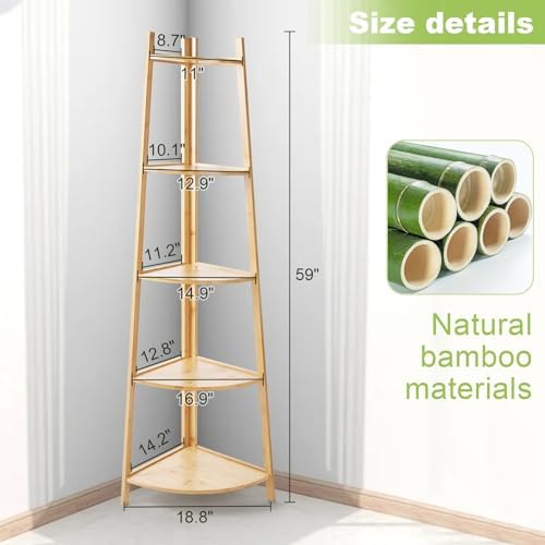 OUTREE Bamboo Corner Shelf 5 Tier Bookshelf Stand for Living Room Bedroom Office Bathroom