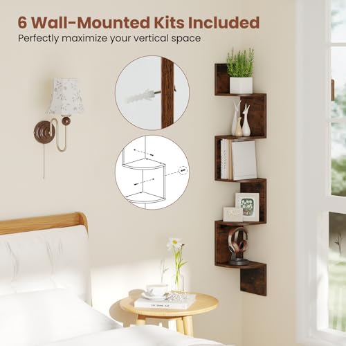 Giantex 5-Tier Floating Corner Bookshelf Wall Mounted Storage Organizer Rustic Brown