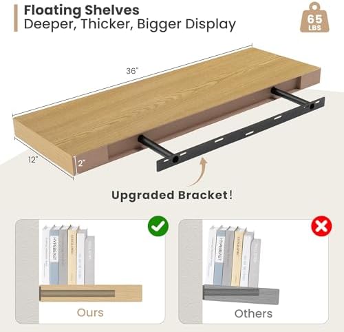 12 Inch Deep Floating Shelves with Invisible Brackets Oak 2 Pack
