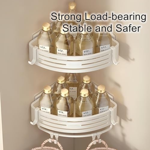 Corner Triangle Shower Shelves with Hooks Rust Resistant Storage Shelf for Bathroom and Kitchen Creamy White