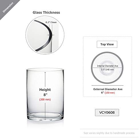 WGVI Quality Thick Cylinder Vase 6 x 8 Clear Glass Container for Wedding Centerpiece Decor Event Home Use