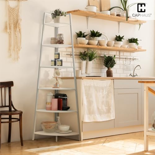 CAPHAUS 6-Tier Corner Shelf Stand Tall White Bookcase with Metal Frame