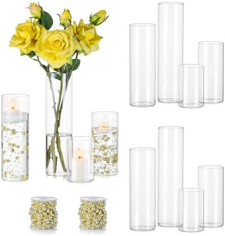 Hewory Clear Glass Cylinder Vases Set of 12 with Pearl String for Centerpieces
