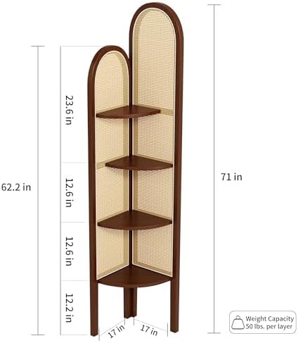 4 Tier Corner Shelf Stand Solid Wood Boho Rattan Shelves with Wicker Weave for Bedroom Living Room