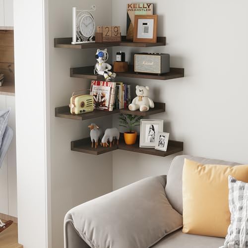 4 Tier Floating Corner Shelves Rustic Walnut