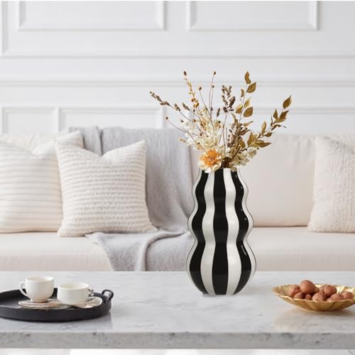 Black and White Ceramic Vase 866 in Tall Modern Striped Centerpiece