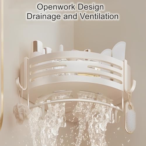 Corner Triangle Shower Shelves with Hooks Rust Resistant Storage Shelf for Bathroom and Kitchen Creamy White