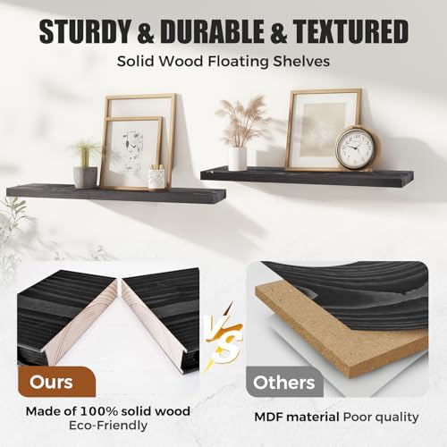 Floating Wall Shelves 3-Pack - 24 Inch Rustic Black Wooden Shelves for Space Saving Storage and Dcor