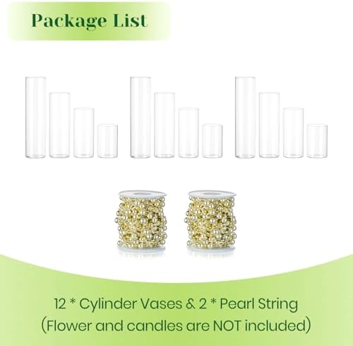 Hewory Clear Glass Cylinder Vases Set of 12 with Pearl String for Centerpieces