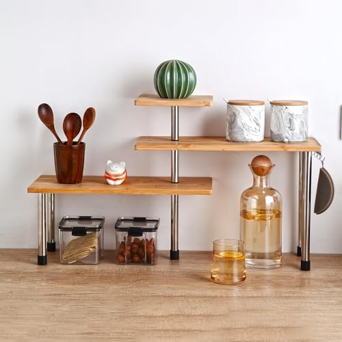 HYNAWIN 3 Tier Corner Shelf Bamboo Metal Organizer