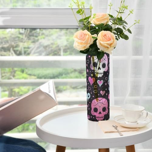Cute Halloween Floral Skull Heart Pink Plastic Cylinder Vase