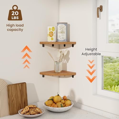 Fun Memories Corner Shelf Wall Mount Solid Oak Wood Floating Shelves with Cable Hole 7in Rustic Design for Home