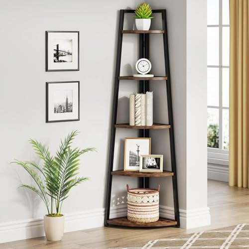 70 Inch Tall Corner Shelf with 5 Tiers Modern Rustic Bookcase for Living Room