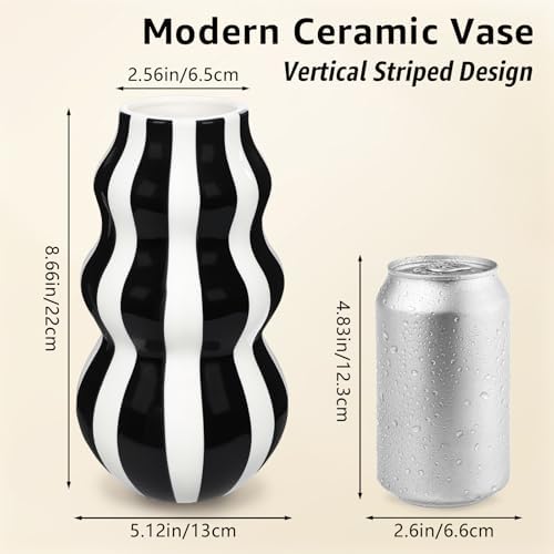 Black and White Ceramic Vase 866 in Tall Modern Striped Centerpiece