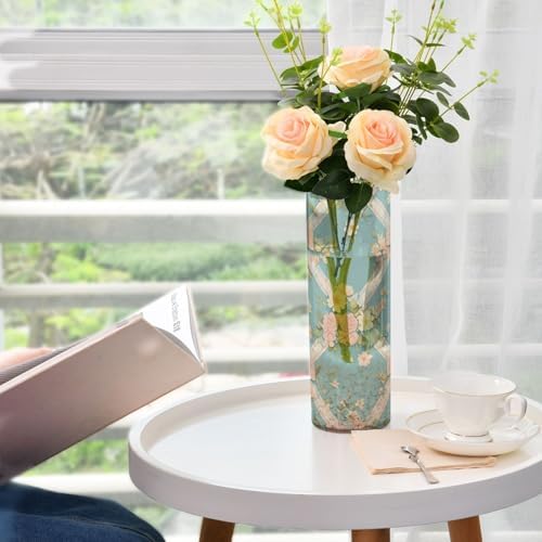 Vintage Pastel Pink Bows Wildflowers Blue Plastic Vase for Centerpieces