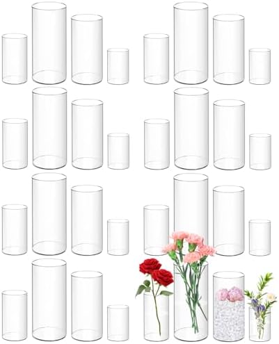 32 Pack Clear Plastic Cylinder Vases Set 4-10 Inches Tall