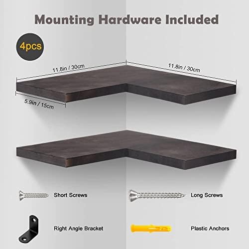 Natural Wood Set of 4 Floating Corner Shelves L-Shaped Wall Mount