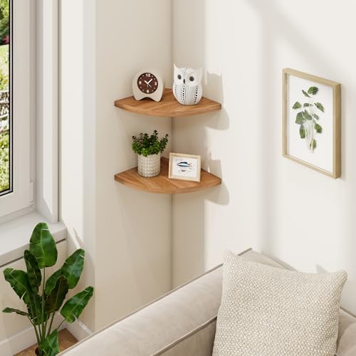 Fun Memories Corner Shelf Wall Mount Solid Oak Floating Shelves with Cable Hole 85in Rustic Design for Home Use