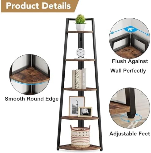 70 Inch Tall Corner Shelf with 5 Tiers Modern Rustic Bookcase for Living Room