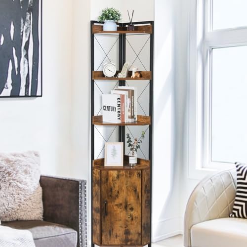 OUTREE Tall Corner Shelf with Doors and Plant Stand