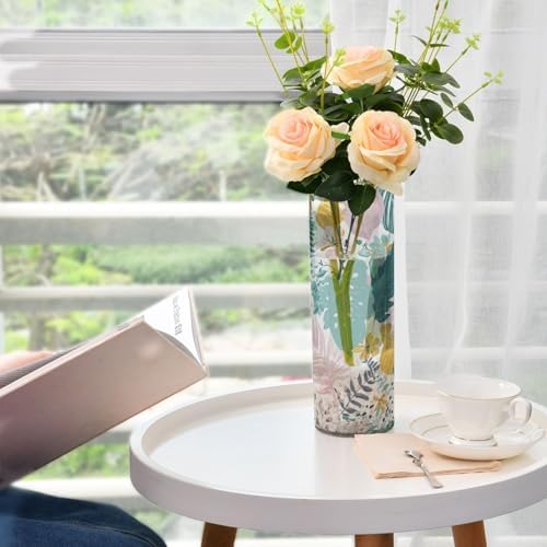 Tropical Leaves and Flowers Plastic Cylinder Vase 118 Inch Tall Clear Vase for Home Office Fireplace Decor