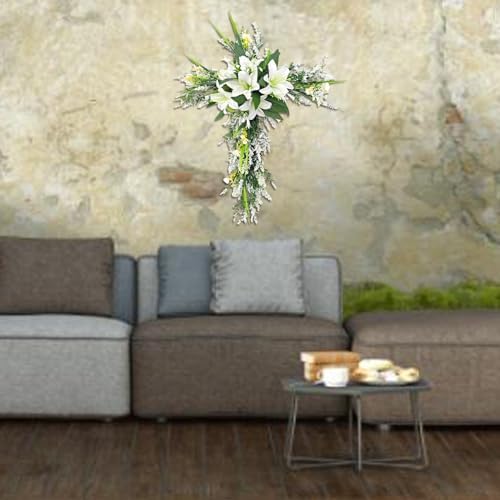 20 Inch Cross Wreath Artificial Lily Purple Easter Decor