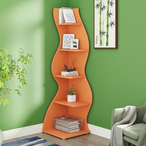 5-Tier Corner Bookshelf Modern Wave Shape Display Unit Orange
