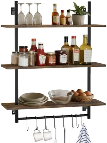3 Tier Floating Wall Shelves with Towel Bar for Kitchen and Bathroom