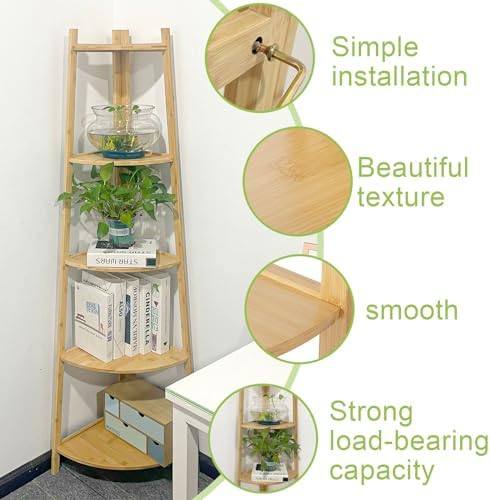 OUTREE Bamboo Corner Shelf 5 Tier Bookshelf Stand for Living Room Bedroom Office Bathroom