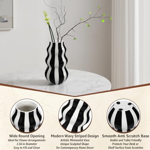Black and White Ceramic Vase 866 in Tall Modern Striped Centerpiece