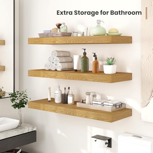 12 Inch Deep Floating Shelves with Invisible Brackets Oak 2 Pack