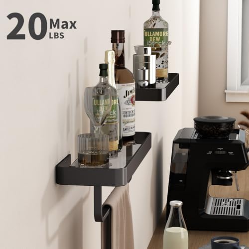 Danpoo 16 Inch Black Floating Bathroom Shelves with Towel Bar and Clear Tempered Glass 2 Pack