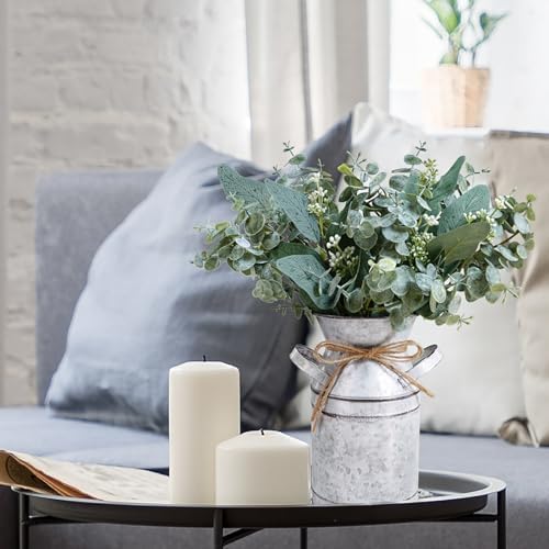 Winlyn Rustic Metal Milk Can Vase with Artificial Eucalyptus Stems